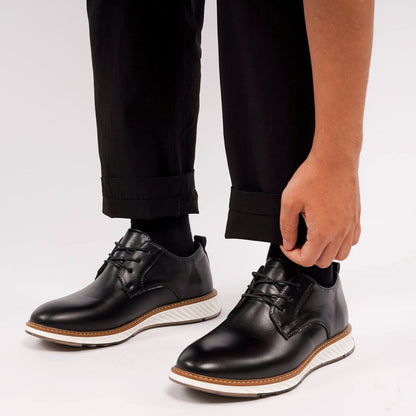 El Noble – Zapato de Cuero Auténtico Negro | Punta Redonda, Suela Blanca