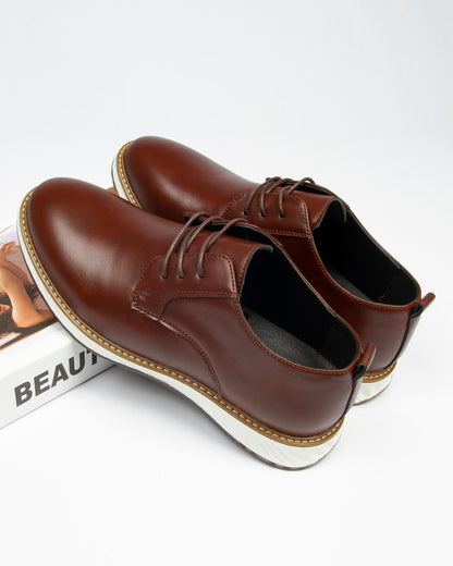 El Noble – Zapato de Cuero Auténtico Marrón | Punta Redonda, Suela Blanca